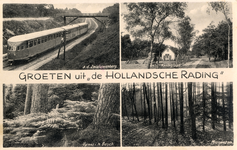 10589 Collage van gezichten te Hollandsche Rading (gemeente Maartensdijk): - De spoorlijn met trein.- De Aanleglaan.- ...